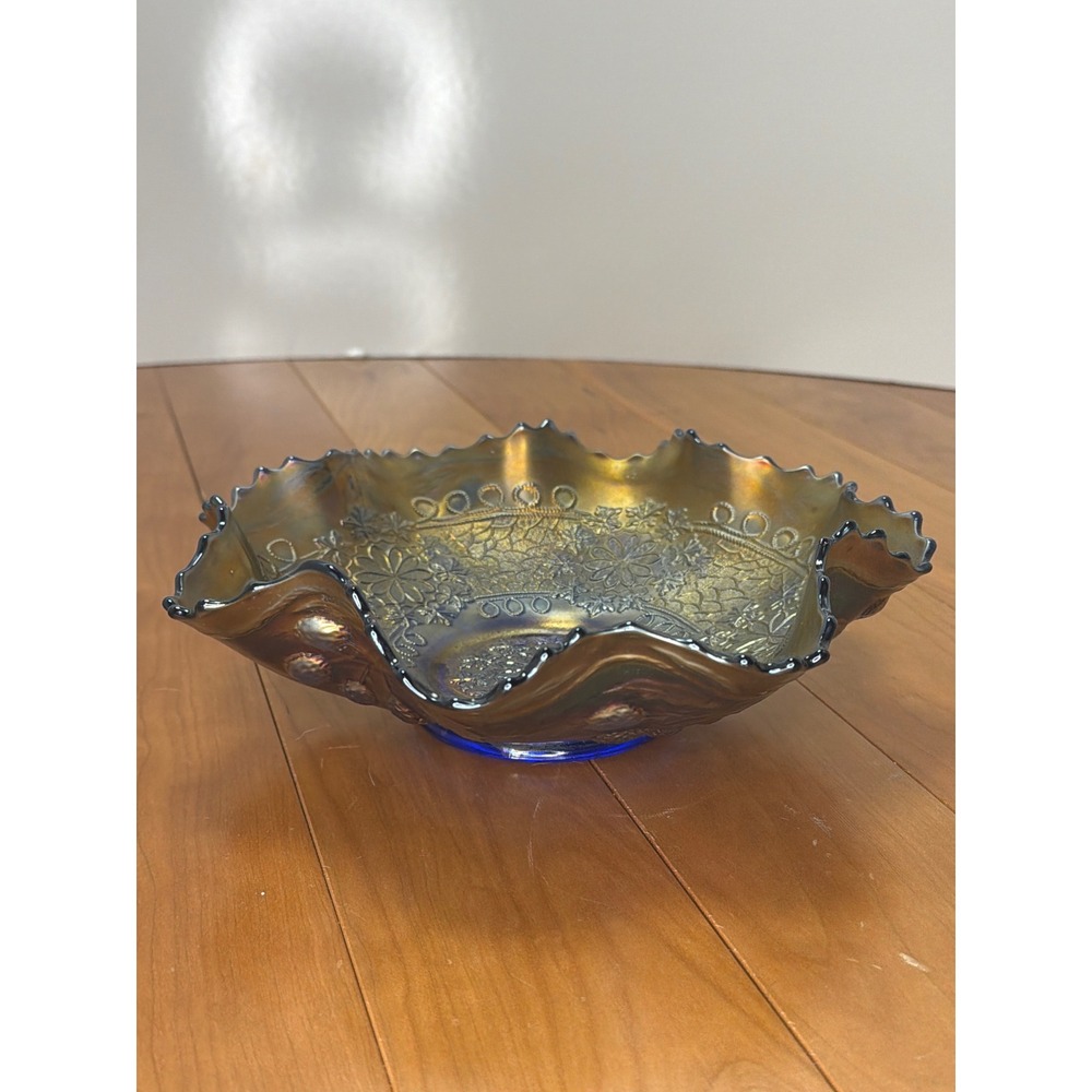 Antique Fenton Persian Medallion Carnival Glass Ruffled Bowl | Cobalt Blue